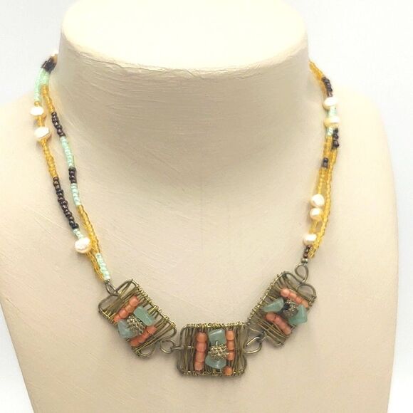 Boho Natural Pearls,  Glass Beads & Wire Wrapped Accent Necklace - Picture 4 of 8